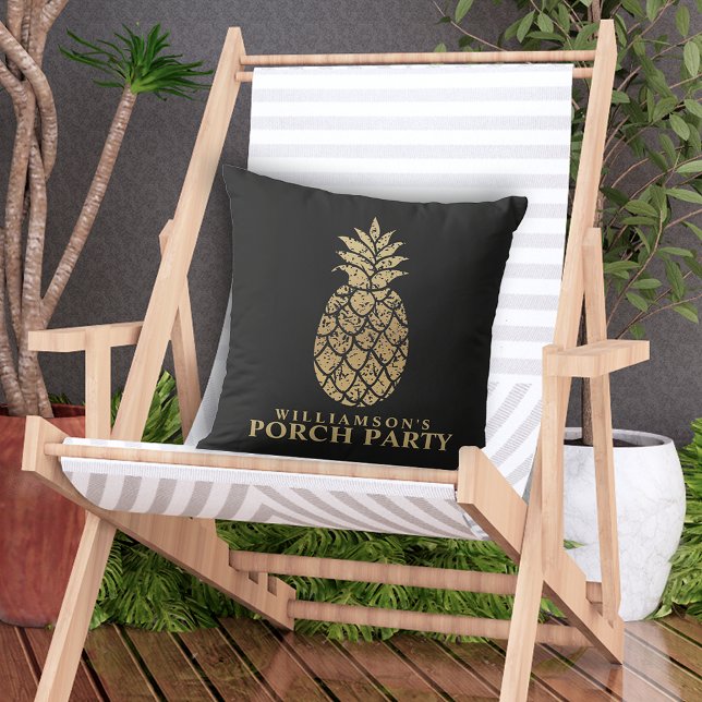 Personalized Gold Pineapples Porch Party Black Outdoor Pillow (Creator Uploaded)