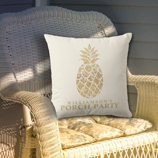 Personalized Gold Pineapples Porch Party Outdoor Pillow (Personalized Gold Pineapples Porch Party Outdoor Pillow in 2 sizes)