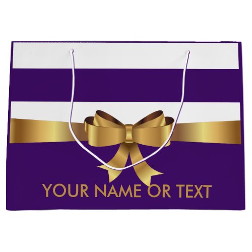 Personalized Gold Purple Bold Stripes Golden BOW  Large Gift Bag