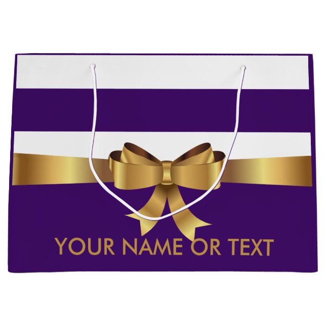 Personalized Gold, Purple Bold Stripes Golden BOW  Large Gift Bag (Front)