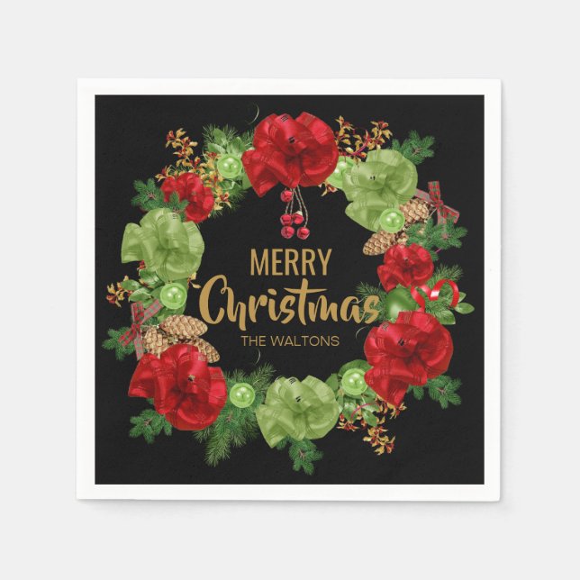 Personalized Gold Red Black Wreath Merry Christmas Napkins (Front)