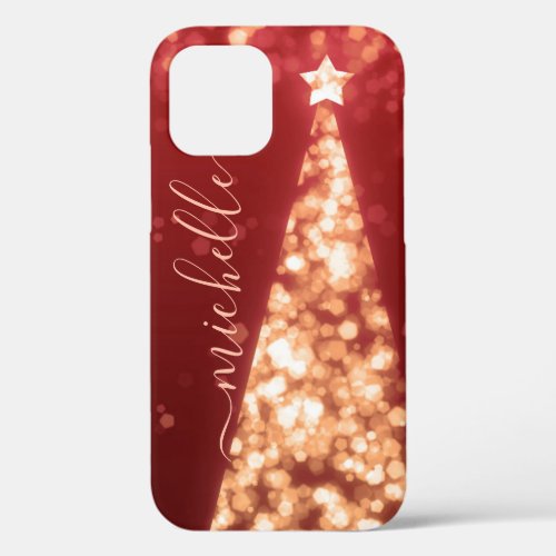 Personalized Gold Red Christmas Sparkling Tree iPhone 12 Case