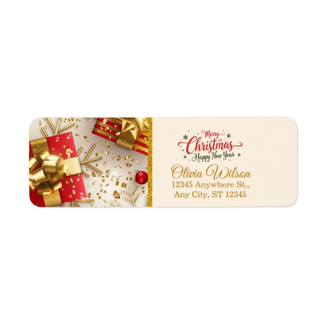 Personalized Gold & Red Festive Holiday Mailing Label (Front)