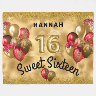 Personalized Gold Red Glitter Balloons Sweet 16 Fleece Blanket