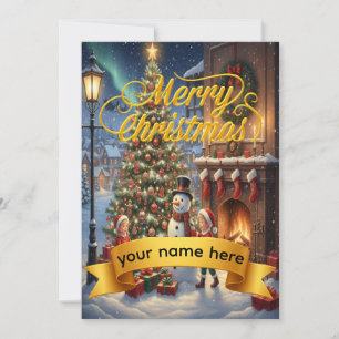 Personalized Gold Ribbon Winter Christmas Card