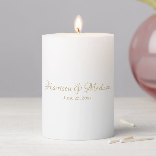 Personalized gold script name date elegant Wedding Pillar Candle (In Situ)