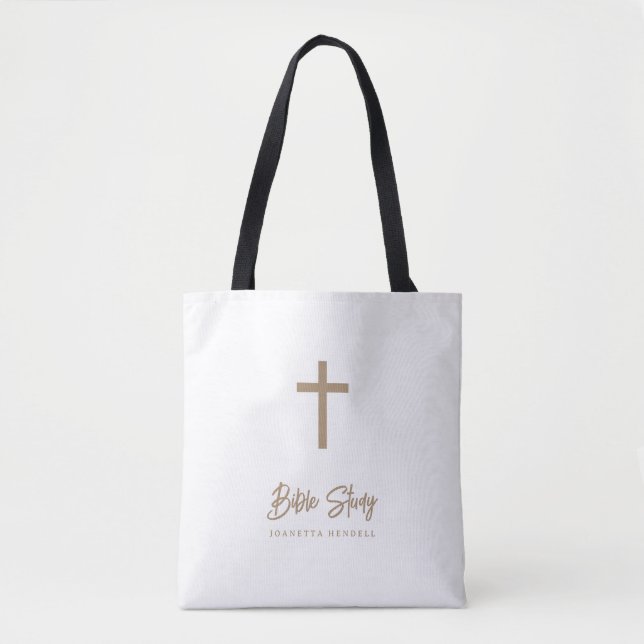 Personalized Gold Script White Bible Study Tote Bag (Front)