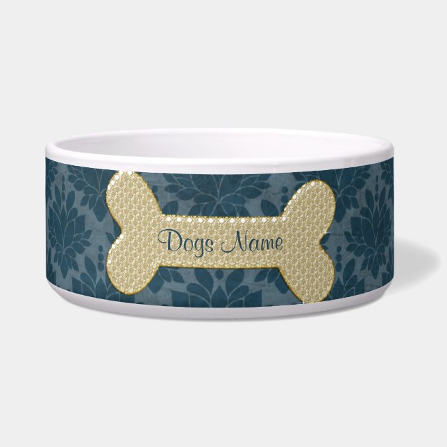 Personalized gold shiny dog bone pet food bowl (Front)