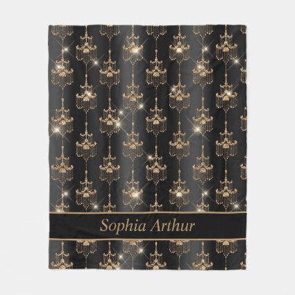 Personalized Gold Sparkle Chandelier Pattern Black Fleece Blanket