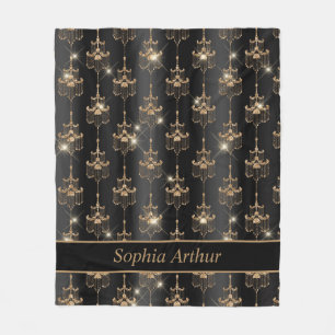 Personalized Gold Sparkle Chandelier Pattern Black Fleece Blanket