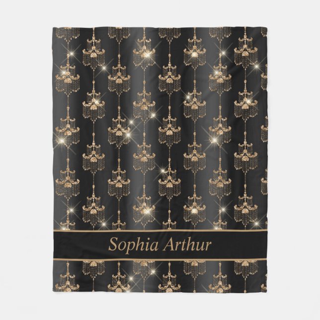 Personalized Gold Sparkle Chandelier Pattern Black Fleece Blanket (Front)