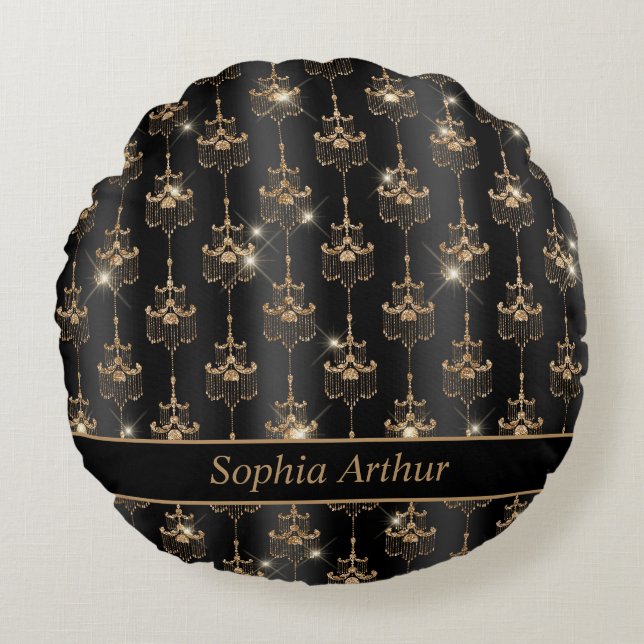 Personalized Gold Sparkle Chandelier Pattern Black Round Pillow (Front)