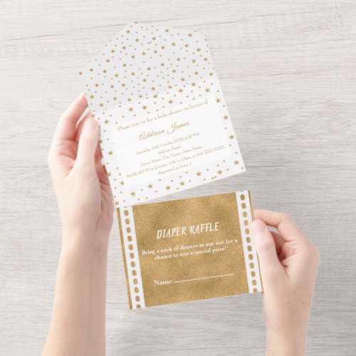 Personalized Gold Star Baby Shower White All In One Invitation
