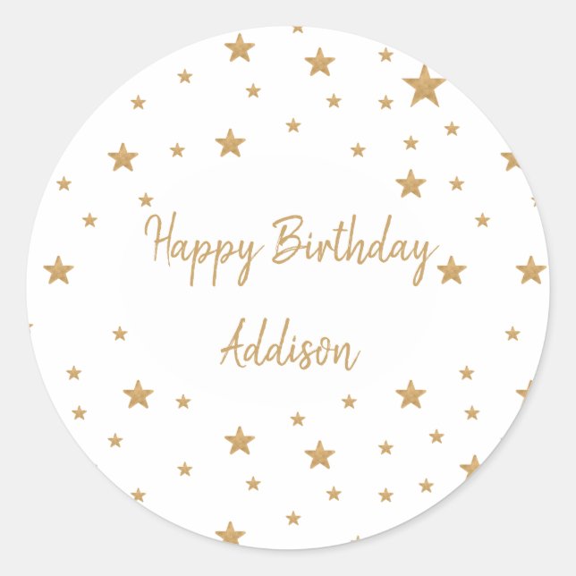 Personalized Gold Star Glitter Happy Birthday Classic Round Sticker (Front)