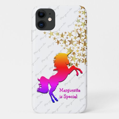 Personalized Gold Stars Multicolored Unicorn iPhone 11 Case