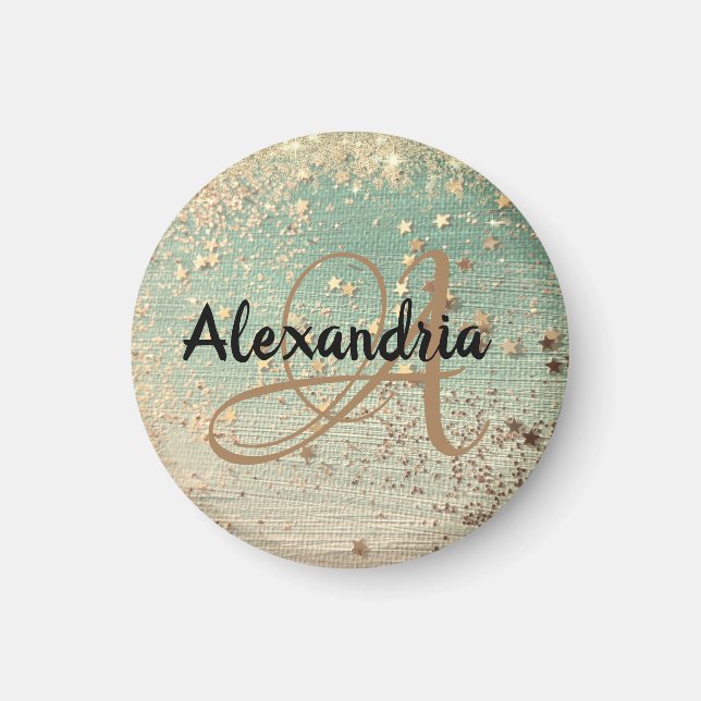 Personalized Gold Stars on Green Glitter Magnet (Front)