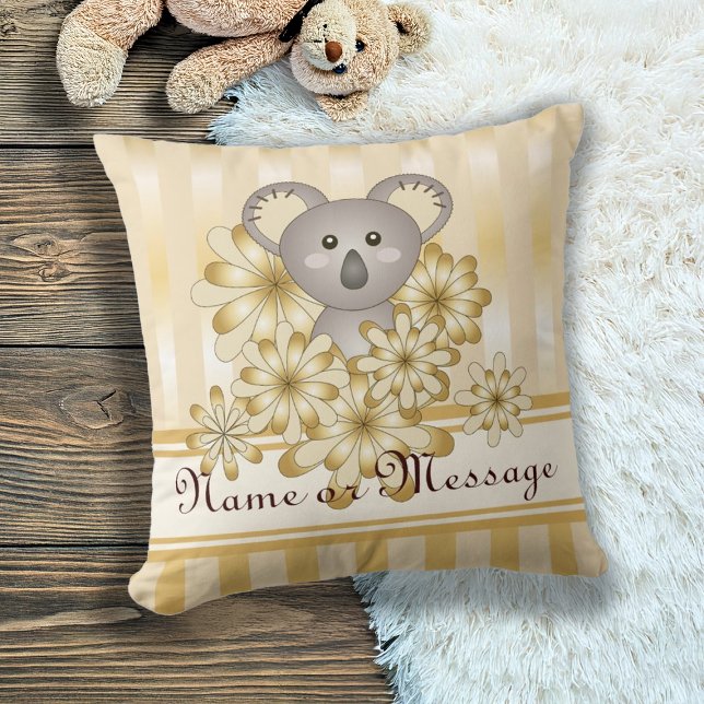 Personalized Gold Stripe Cute Baby Koala Bear Throw Pillow (Creator Uploaded)