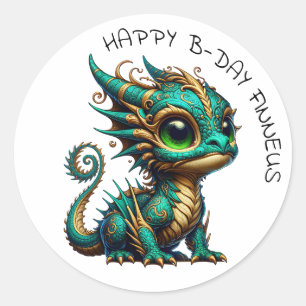 Personalized Gold Teal Dragon Boy's Birthday Classic Round Sticker
