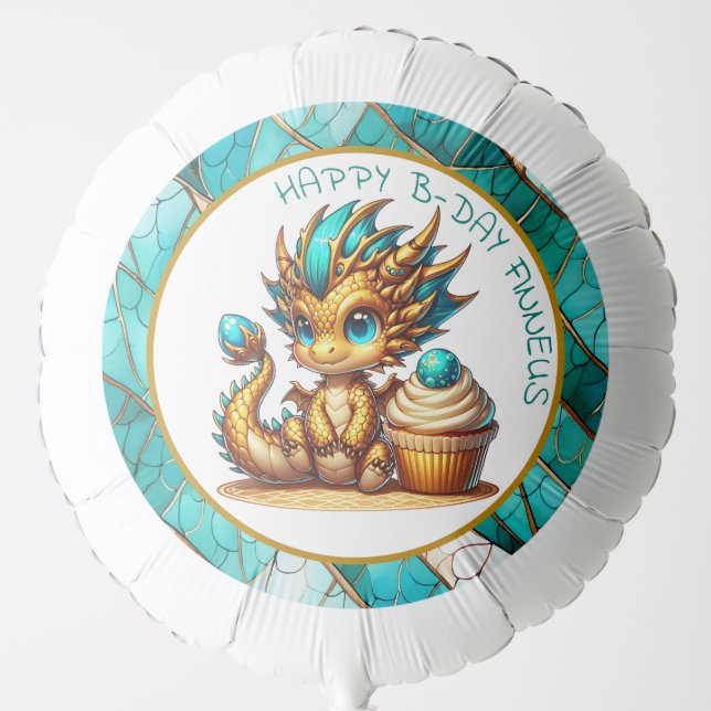 Personalized Gold Teal Dragon Boy's Birthday Party Balloon (Front)
