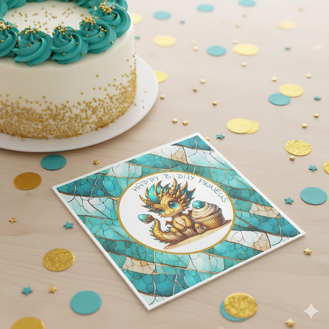 Personalized Gold Teal Dragon Boy's Birthday Party Napkins (Creator Uploaded)