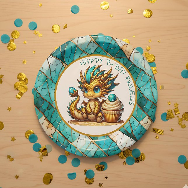 Personalized Gold Teal Dragon Boy's Birthday Party Paper Plates (Creator Uploaded)