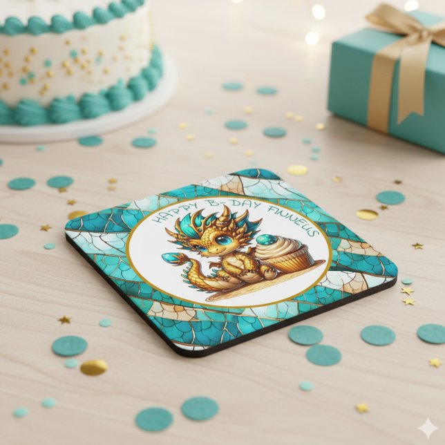 Personalized Gold Teal Dragon Boy's Birthday Party Square Paper Coaster (Creator Uploaded)