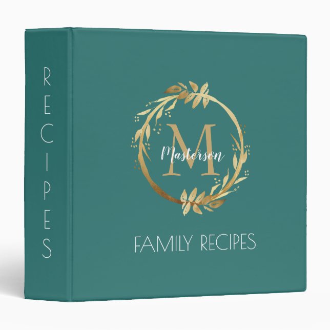 Personalized Gold & Teal Monogram Family Recipes 3 Ring Binder (Front/Spine)