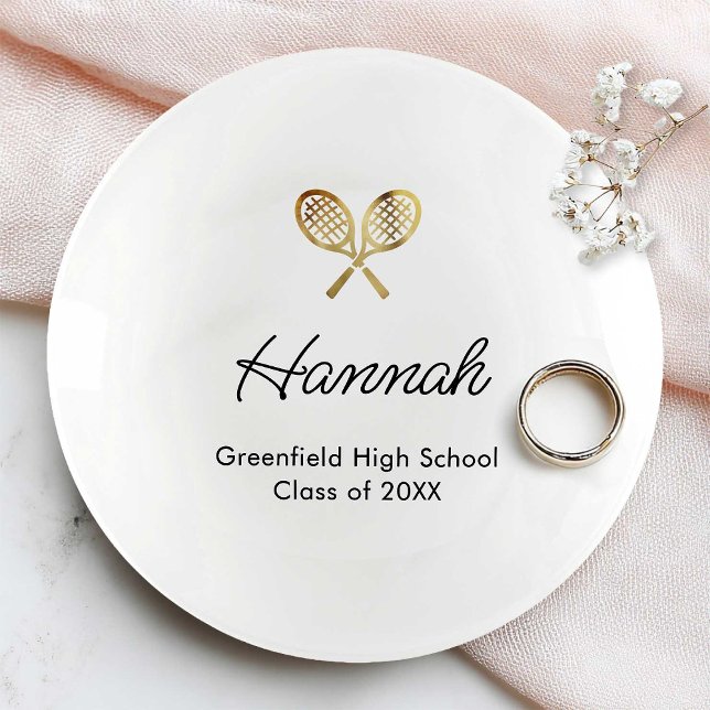 Personalized Gold Tennis Graduation Custom Name Trinket Tray (Gold tennis graduation trinket tray with name, school, and class year)