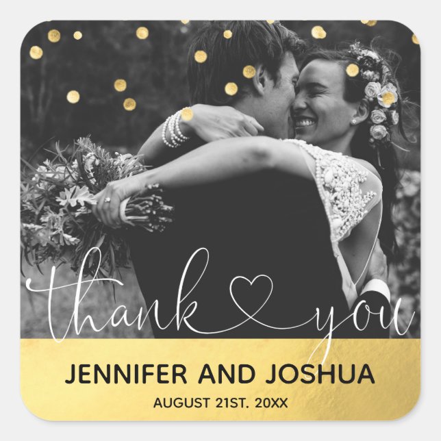 Personalized Gold THANK YOU Heart Wedding | PHOTO Square Sticker (Front)