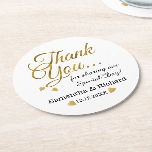 Personalized Gold Thank You Wedding Favor Round Paper Coaster | Zazzle