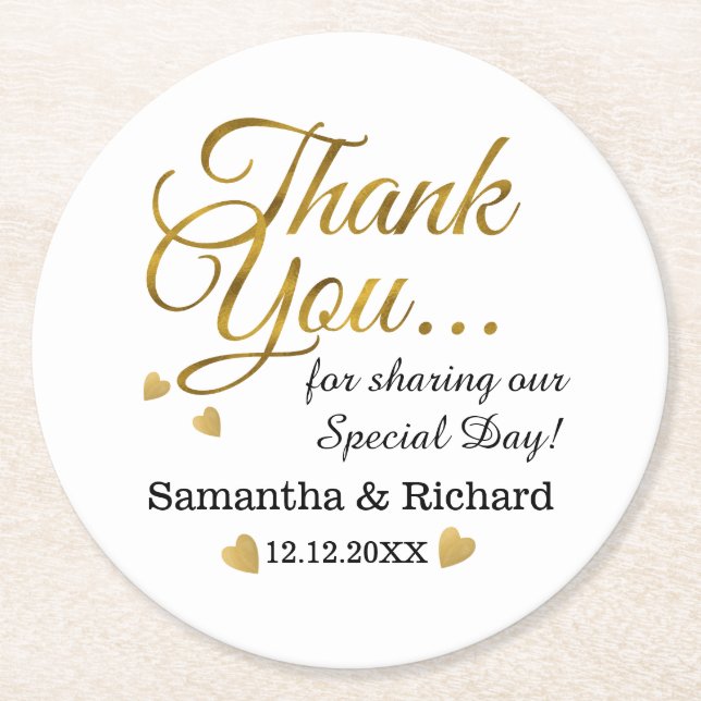 Personalized Gold Thank You Wedding Favor Round Paper Coaster (Front)