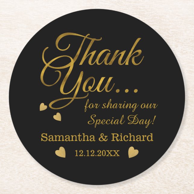 Personalized Gold Thank You Wedding Favor  Round Paper Coaster (Front)