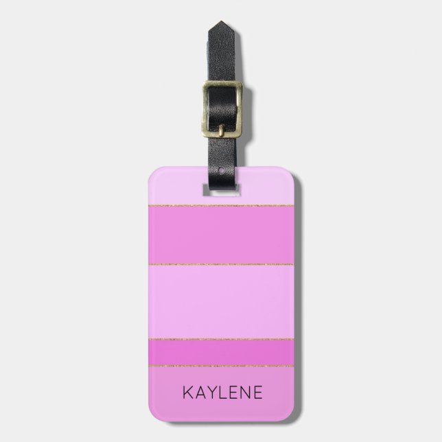 Personalized Gold Trim Pink Stripes Luggage Tag (Front Vertical)