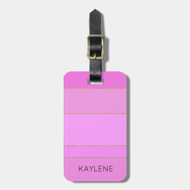 Personalized Gold Trim Pink Stripes Luggage Tag (Front Vertical)