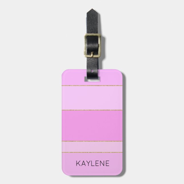 Personalized Gold Trim Pink Stripes Luggage Tag (Front Vertical)