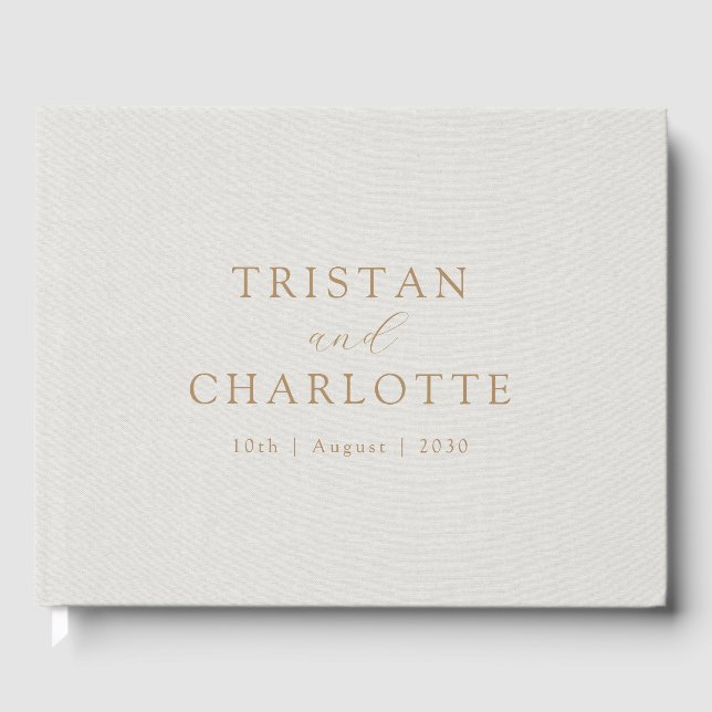 Personalized Gold Typography White Faux Linen Guest Book (Front)