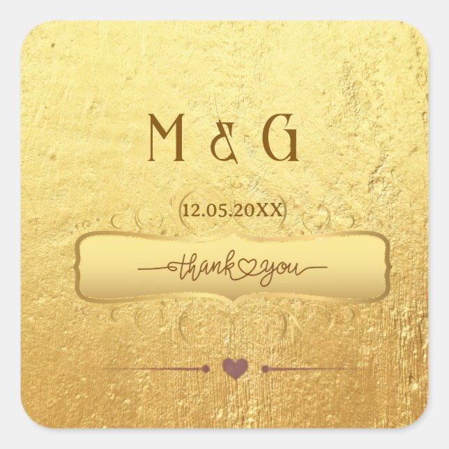 Personalized Gold Wedding Custom Monograms Square Sticker (Front)
