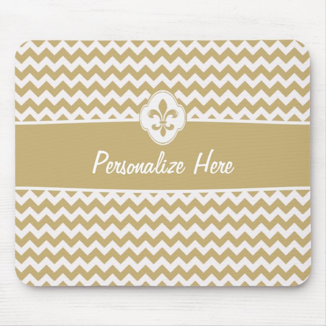 Personalized Gold White Chevron Fleur de Lis Mouse Pad (Front)