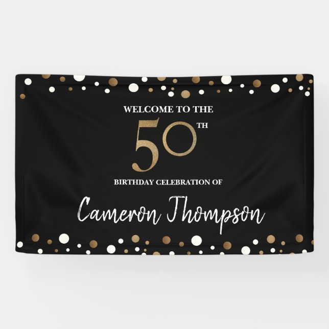 Personalized Gold White confetti  50th birthday Banner (Horizontal)