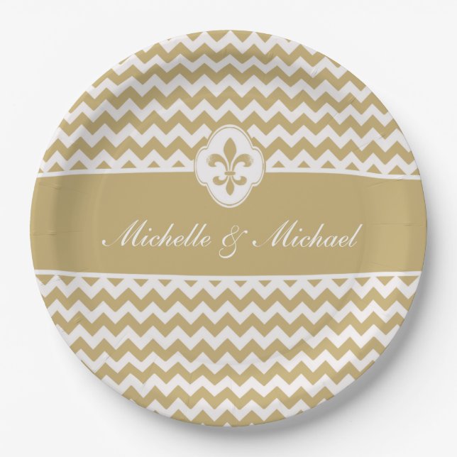 Personalized Gold White Fleur de Lis Chevron Paper Plates (Front)
