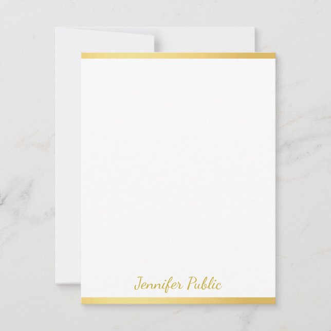 Personalized Gold White Hand Script Name Vertical Note Card (Front)