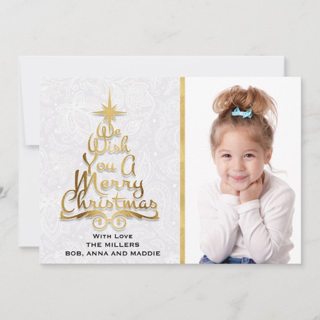 Personalized Gold White Lace Photo Christmas Card (Front)