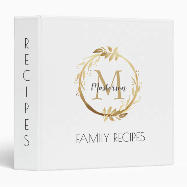 Personalized Gold & White Monogram Family Recipes 3 Ring Binder | Zazzle