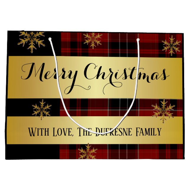 Personalized Gold With Plaid Christmas Large Gift Bag (Back)