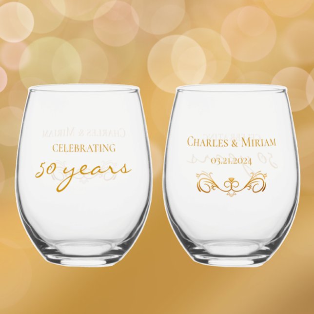 Personalized Golden 50th Anniversary Keepsake Gift Stemless Wine Glass (Add couples names and 50th wedding anniversary date for elegant golden keepsake gift
)