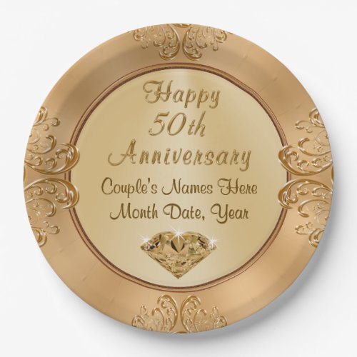 Personalized Golden 50th Anniversary Paper Plates