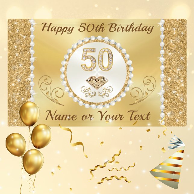 Personalized Golden, 50th Birthday Banner for Her (Personalised, 50th Birthday Banners for a Woman. Golden, 50th Birthday Decorations for Female.)