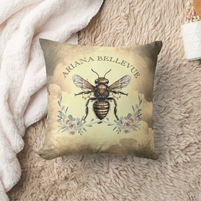 Personalized Golden Bee Floral Throw Pillow (Blanket)