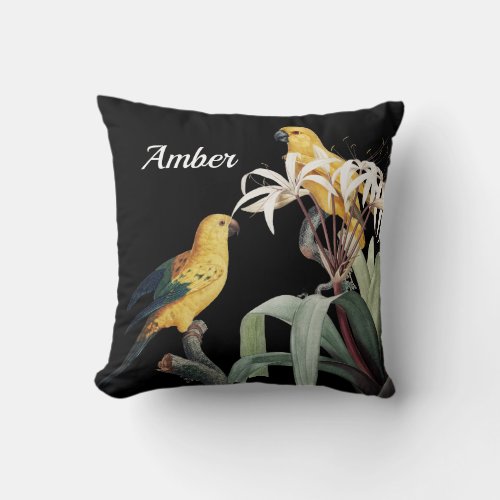 Personalized Golden Conure Parrots on a Black Throw Pillow