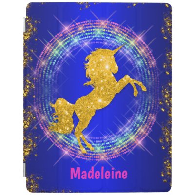 Personalized Golden Glitter Unicorn on Blue